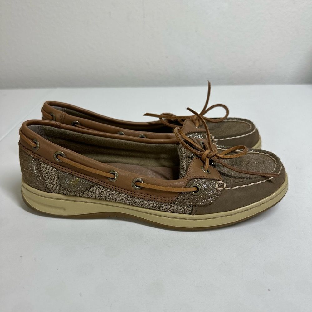 Sperry Top Siders Women 7M Brown Leather Silver Sparkle Glitter Boat Shoes 61428